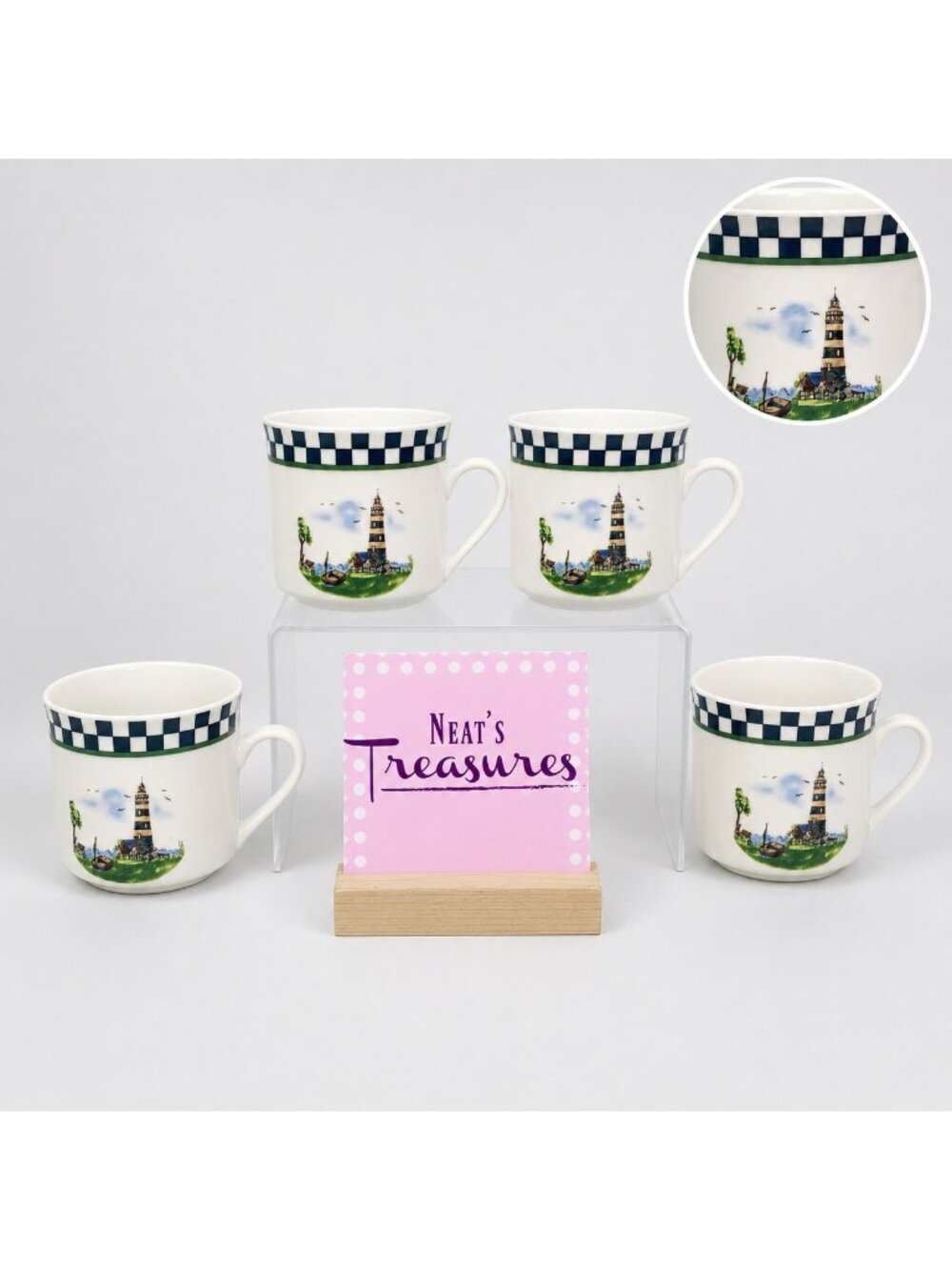 Alco LIGHTHOUSE  Black White Checks Rim Stoneware Coastal Cups Mugs Set of 4